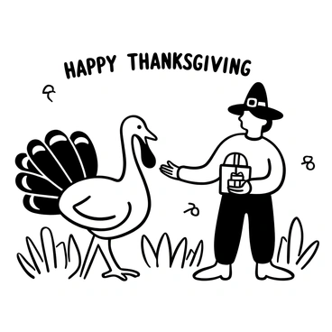 A friendly turkey with detailed feathers stands next to a pilgrim dressed in traditional attire, including a hat and a buckle on the shoes. The turkey holds a small, wrapped gift in its beak, while the pilgrim extends a hand offering another gift. They are in a lush field with tall grass, and a few scattered autumn leaves are visible. In the background, there are silhouettes of trees and a clear sky. The words "Happy Thanksgiving" are displayed above them.