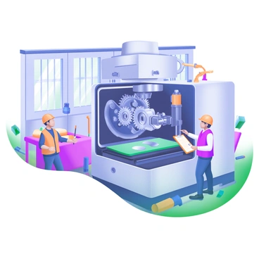 A large industrial machine is positioned prominently on a factory floor, displaying intricate gears and robotic arms in motion. Several engineers are present, wearing safety helmets and reflective vests, actively monitoring the machine's performance. The engineers are engaged in discussions, with one pointing toward the machine while another takes notes on a clipboard. The factory environment includes various tools and equipment scattered around, with large windows allowing natural light to illuminate the scene.