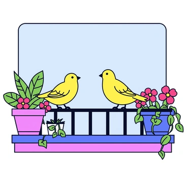 A small finch with bright yellow feathers is perched on the railing of a colorful balcony. The balcony is adorned with a variety of potted plants, including vibrant red flowers, green ferns, and trailing vines. The garden creates a lush backdrop, with a few pots overflowing with blossoms. The scene captures the finch gazing out at the expansive view beyond, highlighting the bird's curious expression as it enjoys the surrounding beauty.