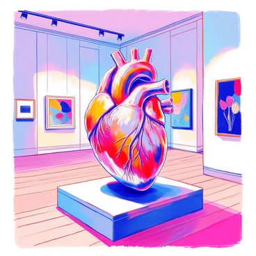 A human heart sculpture is prominently displayed in the center of a modern art gallery. The sculpture is crafted from polished stainless steel, reflecting light and creating intriguing shadows on the gallery walls. It is anatomically accurate, showcasing intricate details of the heart's structure, including the veins and arteries. The gallery features a minimalist design, with white walls and an elegant wooden floor. Soft, ambient lighting highlights the sculpture, drawing the viewer's attention. In the background, there are abstract paintings hanging on the walls, adding to the contemporary feel of the space.