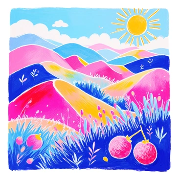 A whimsical landscape features rolling hills that are shaped like giant lychees, their textured skin depicted in vibrant shades of pink and red. The hills curve playfully, creating an undulating terrain. Above, a bright sun dominates the sky, casting warm rays that illuminate the scene. In the foreground, lush green grass adds a lively contrast, while a few fluffy white clouds float lazily by. The overall atmosphere is filled with a sense of joy and imagination.