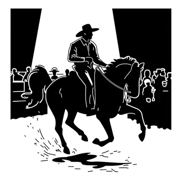 A nighttime rodeo scene features a bucking horse mid-leap under a bright spotlight. The horse is a dark silhouette with a defined muscular frame, and its mane flows dramatically in the air. On the horse's back, a courageous rider in a cowboy hat is gripping the reins tightly, wearing a western saddle and long boots. Surrounding them, the audience appears as shadowy figures, with some holding drinks and others cheering. The ground beneath the horse is dusty, with small clouds of dirt flying up from the hooves. The spotlight creates a sharp contrast against the darker sky, emphasizing the action in the center of the scene.