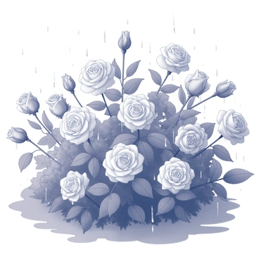 A lush garden filled with numerous blooming roses. Each rose is distinct in shape and size, with delicate petals glistening as they catch the falling droplets. The rain creates small puddles on the ground, and the leaves of the roses are adorned with beads of water, enhancing their texture. The atmosphere is tranquil, with raindrops gently cascading onto the flowers and the greenery surrounding them.