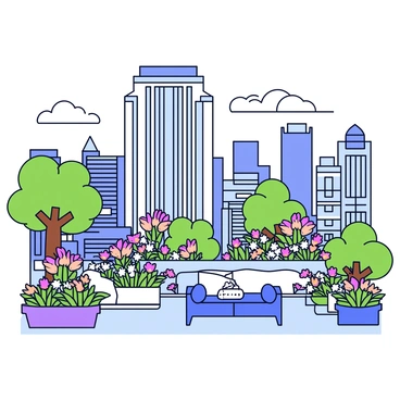A rooftop garden filled with a variety of vibrant flowers and lush greenery. The garden features neatly arranged flower beds and small trees, creating a serene oasis above the busy city below. In the background, the art deco skyscraper showcases its distinctive geometric patterns and decorative elements. The skyline of the bustling city is visible, with a mix of tall buildings and a clear blue sky. A few comfortable seating areas with simple furniture are placed among the plants, inviting relaxation and enjoyment of the view.