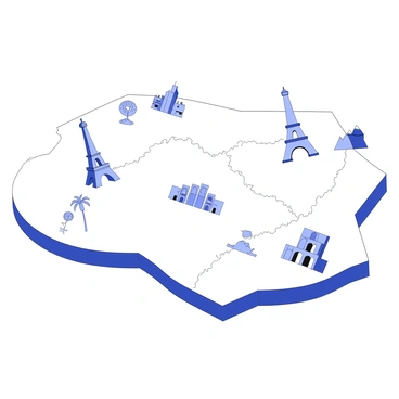 A travel map is laid out, featuring various illustrated icons representing popular tourist attractions and destinations. The map includes a prominent "Eiffel Tower" icon, depicted in a simplified geometric form, alongside a "Statue of Liberty" symbol, characterized by its distinct silhouette. A "Colosseum" icon is placed near another city, illustrated with arched openings. There are small icons of a palm tree to indicate a beach destination and a mountain range for a skiing location. Each icon is strategically positioned to highlight different regions on the map, with pathways connecting them. The entire layout is organized within an outline of the globe, suggesting a global adventure theme.