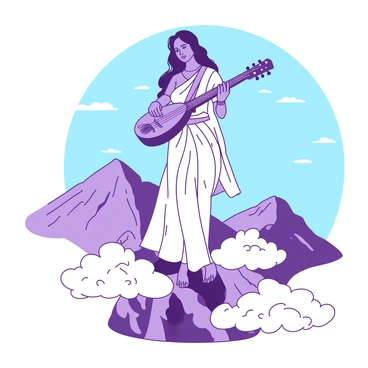 A divine figure of "Saraswati" stands majestically on a rugged mountain peak. She is adorned in flowing white robes that billow gently in the wind. Her tranquil expression conveys wisdom, with eyes that reflect a deep understanding. Surrounding her, fluffy clouds swirl at her feet, creating a serene atmosphere. In her hands, she holds a "veena", gracefully positioned as she appears to play a melodic tune that resonates through the peaks. The backdrop features a clear blue sky, enhancing the ethereal beauty of the scene.