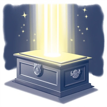 A beam of celestial light is shining down from the heavens. It focuses on the "Ark of the Covenant", casting a radiant illumination on its "golden surface". The ark is adorned with intricate designs, detailed carvings, and features two cherubim positioned on its lid. The surrounding environment is dark, creating a stark contrast with the brightness of the light and the shining gold of the ark. Shadows dance around the base, enhancing the divine atmosphere.