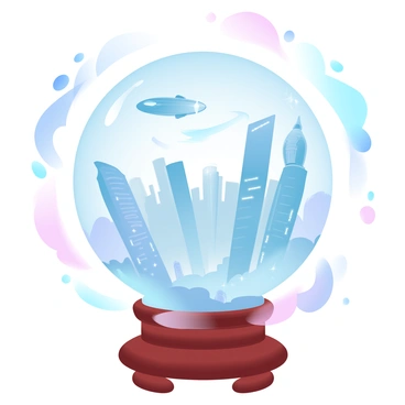 A crystal ball is placed on an ornate, vintage wooden table. Inside the crystal ball, a vivid and detailed scene of a futuristic cityscape is visible. Tall skyscrapers with sleek designs and glowing lights stretch into the sky. Hovering vehicles can be seen zipping through the air. Surrounding the ball, intricate patterns of light and color swirl, creating an enchanting aura. Soft gradient pastel colors blend seamlessly in the background, enhancing the mystical atmosphere of the scene.