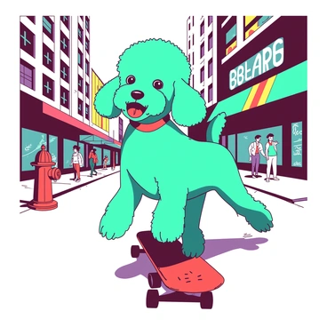 A daring poodle riding a skateboard down a city street