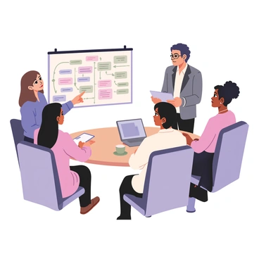 A digital flat illustration depicting a team of four professionals engaged in a discussion about business strategy. On the left, a woman with long brown hair in a blue blouse is pointing at a large flowchart displayed on the wall, which contains arrows and boxes in various colors outlining the strategy steps. Next to her, a man with short black hair wearing a gray suit is taking notes on a clipboard. To the right, a man with medium skin and glasses in a white shirt is looking thoughtfully at the chart. Beside him, a woman with curly black hair wearing a pink dress is holding a tablet, contributing ideas to the conversation. The office setting includes a round table with a laptop and coffee cups.