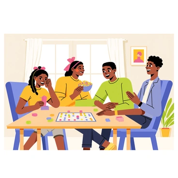 An African American family gathered in a cozy living room, sitting around a wooden table. The family members are smiling and laughing, engaging in a board game. A young girl with braids is focused on her next move, while a teenage boy playfully teases her. A mother holding a snack bowl looks on, grinning with joy. The father is leaning back in his chair, raising an eyebrow in friendly challenge. Colorful game pieces are scattered across the table, and a stack of game cards is nearby. The walls are decorated with family photos, enhancing the warm and inviting atmosphere of their game night.
