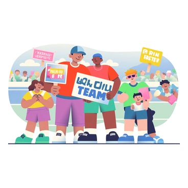 A group of four family members is on the sidelines of a relay race, each holding colorful signs with encouraging messages. Two adults, a woman with long brown hair wearing a bright red t-shirt and a man with short black hair in a blue cap, are standing together. The woman is holding a large sign that says "Go Team!" in bold letters. Next to them, a young girl with pigtails is waving a small pink sign that reads "You Can Do It!" The last family member, a teenage boy wearing sunglasses and a green t-shirt, is holding a yellow sign that says "Run Faster!" All family members are smiling and cheering enthusiastically, their eyes focused on the runners in the race. The background shows a track lined with colorful flags and cheering spectators.