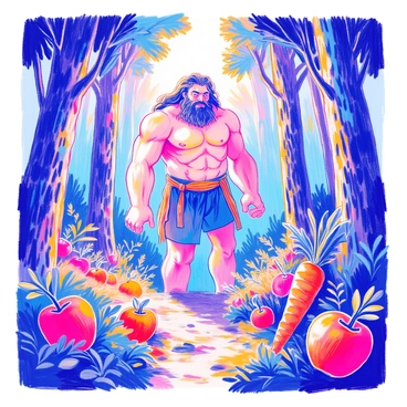 A colossal giant with a muscular build is reaching into a dense forest. The giant has long hair flowing down his back and is wearing a tattered cloth around his waist. Surrounding him are towering trees, their trunks thick and textured. The forest is filled with oversized fruits and vegetables, including gigantic apples and carrots that are almost as tall as the trees. Bright colors and intricate details enhance the scene, showcasing the rich greens of the leaves and the vibrant shades of the fruits and vegetables. Sunlight filters through the canopy, casting dappled shadows on the forest floor.