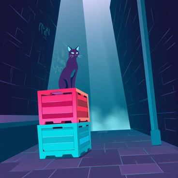 A shadowy alleyway with dim lighting, featuring a cobblestone ground. At the center, there is a lone cat with sleek fur and bright green eyes, sitting majestically atop a stack of brightly painted crates in various colors, including red, blue, and yellow. The crates are slightly worn, adding texture to the scene, and the alley is flanked by brick walls covered in graffiti. The atmosphere is quiet, with hints of fog creeping through the alley, enhancing the mysterious vibe.