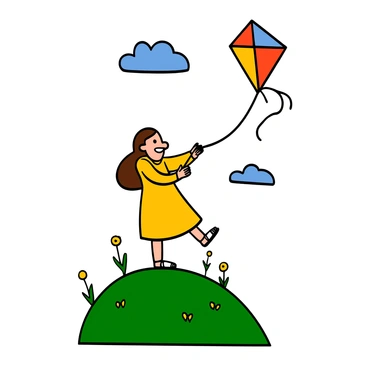 A girl with light skin and long brown hair is standing on a breezy hilltop, holding a colorful kite that is soaring high in the sky. She is wearing a bright yellow dress and white sandals. The wind is blowing gently, causing her dress to flutter and her hair to sway. The kite has a vibrant design with red, blue, and yellow colors. The hilltop is green with patches of wildflowers, and there are a few fluffy clouds in the blue sky. The girl is smiling, looking up at her kite with joy.