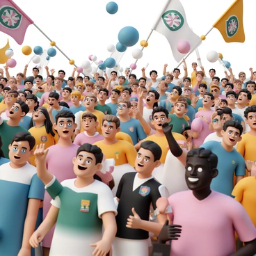 A large crowd of excited fans is gathered in the stands at a rugby match. They are wearing colorful team jerseys and have their faces painted in vibrant colors, showcasing team emblems and designs. Many fans are waving large flags, with various patterns and symbols representing their teams. Some fans are standing with their arms raised, cheering enthusiastically. The atmosphere is filled with energy as fans smile and celebrate, fully engaged in the excitement of the game.