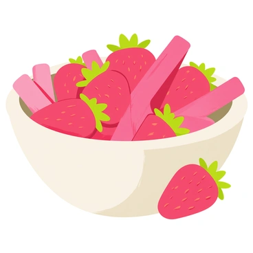 A bowl filled with vibrant red strawberries and bright pink rhubarb pieces. The strawberries are whole, with shiny skins and leafy green tops, while the rhubarb is cut into small, crisp pieces revealing its pinkish-green interior. The bowl is white and round, displaying the colorful mix attractively. A few whole strawberries are placed beside the bowl, enhancing the overall presentation of the fresh fruit arrangement.