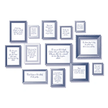 A gallery wall filled with various framed quotes. Each frame is distinct in design, with some being ornate and others simple. The quotes are elegantly styled, all written in an italic font, creating a sense of movement. The frames are arranged in a balanced manner, with some clusters of two or three frames together, while others stand alone. The overall composition creates an inviting atmosphere, showcasing the thoughtful messages captured within each frame.