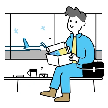 A traveler, wearing a blue jacket and brown boots, is sitting on a bench at an airport terminal. He is surrounded by large windows showing an airplane on the tarmac. The traveler is carefully unboxing a thoughtful travel gift. Inside the box, there is a rolled-up map with vibrant colors and a travel journal with a leather cover. The traveler is smiling as he takes out the items, placing them on his lap. A backpack is resting beside him, and there are scattered boarding passes and a travel mug on the bench.