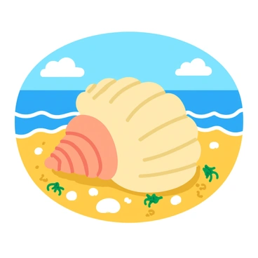 A large, beautiful seashell with intricate patterns and shades of cream and peach rests on a sandy shoulder at the beach. The shell is partially embedded in the fine, golden sand, with small grains glistening in the sunlight. In the background, gentle waves lap against the shore, creating a sense of tranquility. Scattered around the shell are tiny seashells and bits of seaweed, adding vibrant detail to the sandy landscape. The sky above is clear with a few fluffy white clouds drifting by.