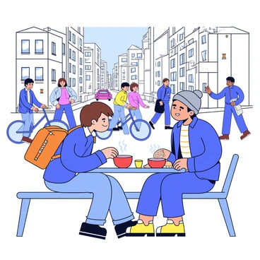 A person with short brown hair and wearing a blue jacket is sitting on a busy city street. They are sharing a meal with another individual, who has a worn-out backpack and is wearing a grey beanie. The scene shows the two of them sitting on a bench, with a small table in front of them. The table has two bowls of steaming soup and a loaf of bread. Around them, there are tall buildings and people walking by, some looking in their direction. The hustle and bustle of the city is captured, with cars and bicycles moving along the street.