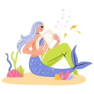 A mermaid with long flowing hair sits gracefully on a sandy ocean floor. She has shimmering scales that reflect shades of blue and green. The mermaid is playing a harp made of pearl strings, which glimmer softly in the underwater light. Around her, colorful coral formations and schools of small fish swim peacefully. Bubbles rise gently around her as she plays, creating a serene atmosphere in the ocean.
