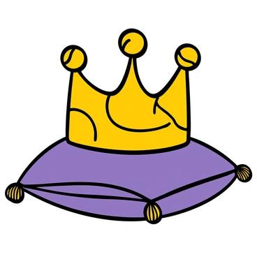 A crown made entirely out of bright yellow tennis balls, each with a visible black stripe, sitting on an elegant royal pillow. The pillow is deep purple with a silky texture, featuring intricate gold embroidery around its edges. The crown is positioned prominently atop the pillow, showcasing its unique design. The background is soft and neutral, ensuring the crown and pillow are the focal points of the image.