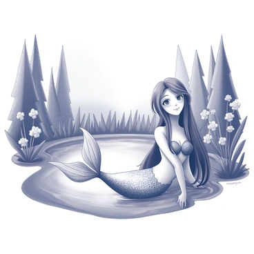A mermaid is partially emerging from the surface of a pond. She has long flowing hair that cascades down her shoulders. The pond is surrounded by dense greenery, with tall trees providing natural framing. Various types of plants and flowers are blooming around the water's edge, creating a vibrant and lively atmosphere. The mermaid is looking curiously towards the viewer, with a hint of a smile on her face. The details of her shimmering tail can be seen just beneath the water's surface, reflecting the surrounding foliage.
