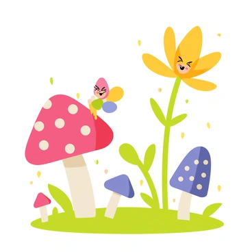 A scene depicting "fairies" with colorful wings, each fairy is engaged in the game of "hide-and-seek." One fairy is perched on the edge of a large, vibrant "red mushroom" with white spots, peeking out from behind it. Another fairy is hiding behind a tall "yellow flower" with wide petals, glancing mischievously towards the others. The ground is covered in lush "green grass," and various other oversized mushrooms in shades of "purple" and "blue" dot the landscape. Surrounding the fairies are tiny glowing orbs of light, creating a playful atmosphere.