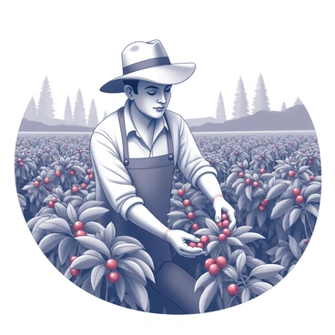 A coffee farmer in a wide-brimmed hat is carefully picking ripe coffee cherries from a plantation. The farmer's hands are reaching into a dense mass of coffee plants, with glossy leaves surrounding clusters of bright, red cherries. The plantation has several rows of coffee bushes, each laden with fruit. In the background, towering trees and a clear sky provide a sense of an expansive landscape, while the farmer's focused expression indicates the dedication to harvesting the crop.