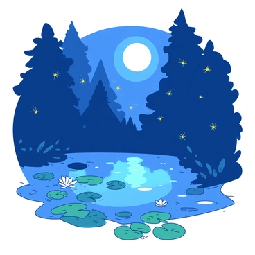 A blue tranquil forest pond is reflecting the white moonlight above. Around the edges of the pond, there are several green lily pads floating on the surface, some with white flowers blooming. Tiny yellow fireflies are illuminating the scene, creating a soft glow as they dance above the water and around the surrounding trees. The trees are tall and leafy, creating a natural frame around the pond, enhancing the peaceful atmosphere of the night.