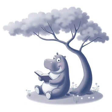 A hippopotamus with a large, rounded body is sitting comfortably on the grass under a sprawling tree. The tree has a thick trunk and broad, leafy branches that provide shade. The hippopotamus is holding an open novel in its small, front limbs, with its eyes focused intently on the pages. The scene is calm, with a few scattered wildflowers around the hippo, adding detail to the environment. The tree's leaves gently sway in the breeze, creating a peaceful atmosphere around the book-loving hippopotamus.