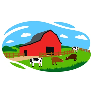 A red barn standing prominently in the center of the image. There are several cows grazing nearby, their colors varying from black and white to brown. Surrounding the barn is an expanse of fields filled with vibrant green crops. The sky above features fluffy white clouds scattered across a bright blue backdrop. A wooden fence outlines the farm, adding to the pastoral charm of the scene.