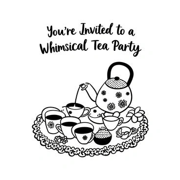 An invitation card with the words "You're Invited to a Whimsical Tea Party" prominently displayed at the top. Below, there is a detailed illustration of a teapot spilling tea, with intricate floral patterns on its surface. Surrounding the teapot are multiple floral china cups, each with unique designs, arranged neatly on a delicate lace tablecloth. A few delicate flowers, such as daisies and roses, are scattered around the teapot and cups, enhancing the whimsical theme.