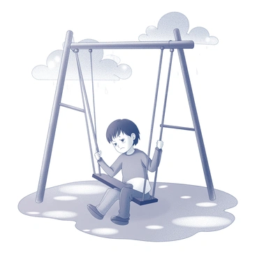 A child sitting on a swing set in an empty playground. The child has a sad expression, their eyes looking downwards. Raindrops are falling from the sky, creating small splashes in puddles on the ground. The swing is swaying gently, and there are dark rain clouds looming above. The scene conveys a sense of isolation, with no other people present in the area.