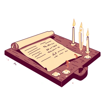 An ancient scroll is unfurled on a wooden table, showcasing intricate writings and symbols. The table's surface is textured with visible wood grain, adding to its rustic charm. Surrounding the scroll, there are several glowing candles, each casting a warm light that creates soft shadows on the table. The candles are of varying heights, with some dripping wax, and they emit a flickering flame that enhances the mystical atmosphere of the scene.