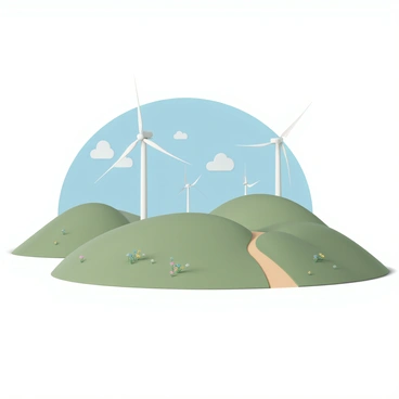 A tranquil landscape featuring rolling green hills. Towering white wind turbines stand tall, with their blades slowly rotating in the gentle breeze. The sky above is clear and bright blue, with a few wispy clouds scattered. In the foreground, there are patches of wildflowers in various colors, adding splashes of vibrancy to the serene scene. A narrow dirt path winds through the grass, leading the viewer's eye toward the horizon where the wind turbines are prominently displayed.