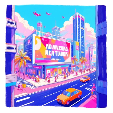 A colorful digital billboard is prominently displayed in a bustling virtual cityscape. The billboard features vibrant animations and bold graphics promoting a brand. Surrounding the billboard, there are futuristic skyscrapers with glowing windows and neon lights. The streets below are filled with virtual pedestrians and vehicles, all contributing to the lively atmosphere of the city. The sky is a deep blue, filled with digital clouds and flying drones, adding to the advanced technological feel of the scene.