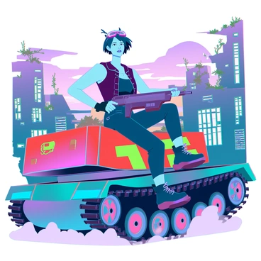 A fearless tank girl with short, spiky hair and goggles perched on her forehead is confidently riding atop a colorful tank. The tank is painted in bright hues of orange, blue, and green, with graffiti art covering its surface. The girl is wearing a tactical outfit consisting of a leather vest, cargo pants, and combat boots, while holding a large futuristic weapon in her right hand. The background features a vibrant, post-apocalyptic cityscape with crumbling buildings and vegetation overtaking the structures. Neon signs flicker amidst the rubble, adding to the vivid atmosphere of the scene. A cloud of dust is kicked up around the tank, and the sky above is a mix of dramatic colors, suggesting a setting sun.