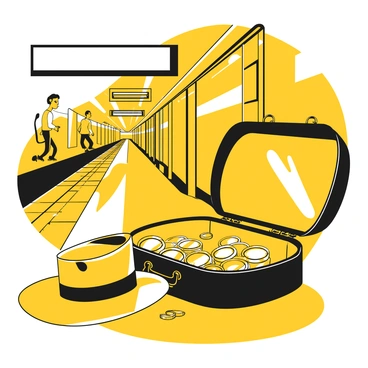 A musician's open guitar case lying on a subway platform, filled with various coins scattered inside. The case is black, and the edges are slightly worn. Next to the case, there is a hat placed on the ground, turned upside down. The hat is black and has a wide brim, and it reflects the dim lighting of the platform. In the background, the subway tracks are visible, with a train approaching in the distance. There are blurred figures of commuters waiting nearby, creating a sense of a bustling environment.