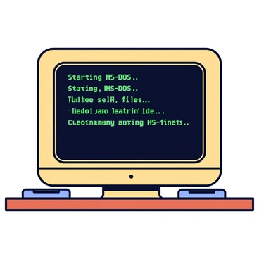 A vintage monitor displaying a sequence of DOS boot-up screens. The monitor has a chunky beige frame with rounded edges. Each screen shows green text on a black background, featuring computer commands and system information in a monospaced font. The first screen includes the words "Starting MS-DOS..." followed by "Loading system files..." The screens change sequentially, with each one showcasing different boot messages. The monitor is placed on a wooden desk, with a few scattered floppy disks nearby.