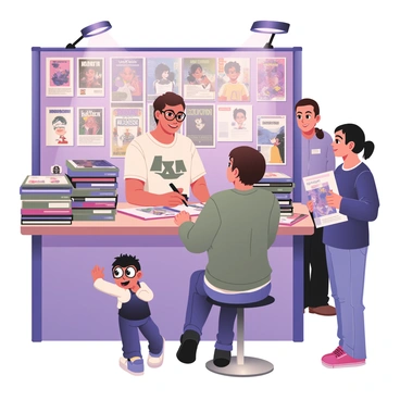 An illustrator is sitting at a booth during a Los Angeles comic convention. The booth is adorned with colorful banners displaying various comic book covers. The illustrator has short brown hair and is wearing round glasses, a graphic t-shirt, and jeans. They are holding a black pen and signing a comic book for a fan, who is smiling and eagerly watching. There are stacks of comic books and artwork displayed on the table, as well as a few promotional posters in the background. In the foreground, a line of fans holding comic books and merchandise is visible, all excited to meet the illustrator. Bright lights illuminate the scene, showcasing the vibrant atmosphere of the convention.