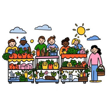 A lively farmer's market scene featuring multiple colorful stalls brimming with fresh fruits and vegetables. Each stall has a variety of produce including bright red tomatoes, green leafy vegetables, and yellow bell peppers. There are also vibrant flower arrangements in different hues, adding to the market's charm. Happy shoppers of various ages are browsing the stalls, some holding baskets filled with fresh produce. A light breeze sways the flowers, and the sun casts a warm glow over the bustling scene, enhancing the atmosphere of community and abundance.