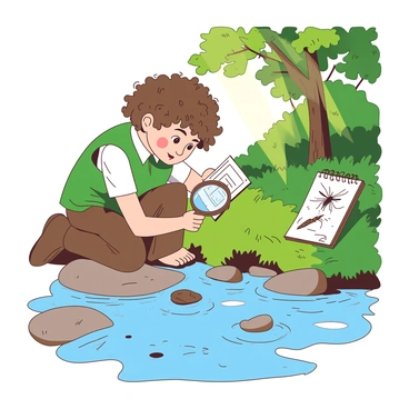 A small hobbit with curly brown hair and rosy cheeks is kneeling beside a sparkling stream. The hobbit is wearing a green vest and brown trousers, with large, hairy feet resting on the soft grass. In one hand, the hobbit holds a magnifying glass, examining a tiny insect on a smooth pebble. In the other hand, there is a notepad filled with sketches and notes about the flora and fauna. Sunlight filters through the leaves of nearby trees, casting dappled light on the scene, while the stream glistens with reflections of light.