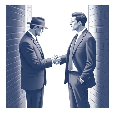 Two men in suits are standing in a narrow, shadowy alleyway. They are facing each other and shaking hands firmly, signifying the completion of a deal. The alley is flanked by brick walls, with dim lighting casting deep shadows. One of the men has a fedora tilted slightly down, obscuring part of his face. The other man has slicked-back hair and an intense expression. They both have a tense posture, emphasizing the secretive nature of their interaction. The atmosphere is thick with anticipation and secrecy.