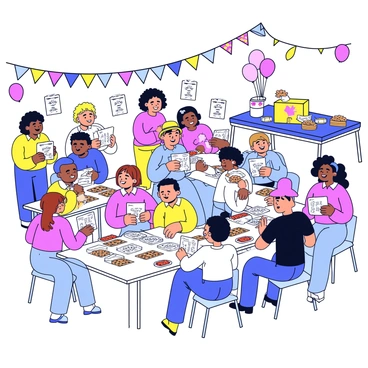 A charity event taking place in a large, bright room filled with cheerful decorations. Several tables are set up, each with colorful loto cards and markers. Groups of people of diverse ages and backgrounds are seated around the tables, eagerly checking their cards as numbers are called out. Some participants are laughing and chatting, while others are focused on the game. Balloons and banners line the walls, and a donation box is prominently displayed, filled with contributions. In the background, a table offers refreshments like cookies and drinks, adding to the lively atmosphere.