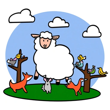 A cartoon illustration of a sheep with fluffy white wool confidently leading a group of animals in a grassy field. The sheep has a proud expression, standing tall with its head held high. Surrounding the sheep are various animals, including a curious little rabbit, a cautious fox, and a few birds perched on nearby branches, all looking towards the sheep with expressions of admiration and curiosity. The sky is bright blue with a few fluffy clouds, creating a cheerful atmosphere. The scene conveys the idea that the sheep is seen as a leader by the other animals.