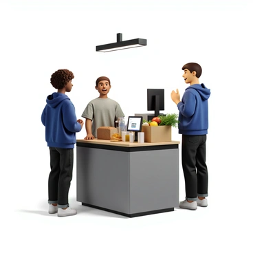 A customer with medium skin and curly hair stands at a grocery store register. They are wearing a blue hoodie and black jeans. The register has a modern screen displaying a "facial recognition" prompt. The customer is looking confidently at the screen while the cashier, with light skin and short hair, is observing the transaction. Grocery items, including a loaf of bread, a carton of milk, and some fruit, are placed on the counter nearby. Bright overhead lights illuminate the scene, highlighting the busy store atmosphere.