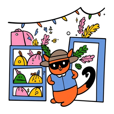 A charming cat with orange fur and a black mask is standing in a whimsical hat shop filled with colorful feathered hats. The cat is wearing a small blue vest and a wide-brimmed hat adorned with vibrant feathers, looking into a mirror with curiosity. There are shelves lined with hats of different shapes and colors, including pink, yellow, and green, all decorated with feathers and sparkles. The background features a bright, playful atmosphere with whimsical decorations, adding to the fanciful setting where the cat is trying on various feathered hats.