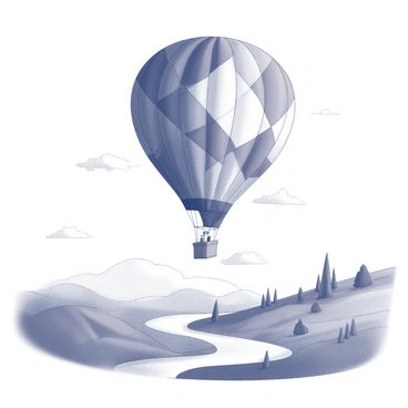 A hot air balloon with a patchwork design featuring various geometric shapes and patterns. The balloon is elevated high in the sky, showcasing its intricate design. Below, a diverse landscape stretches out, including rolling hills, patches of trees, and a winding river that glimmers in the light. The scene captures the vastness of the area beneath the balloon, with soft clouds scattered across a clear sky.